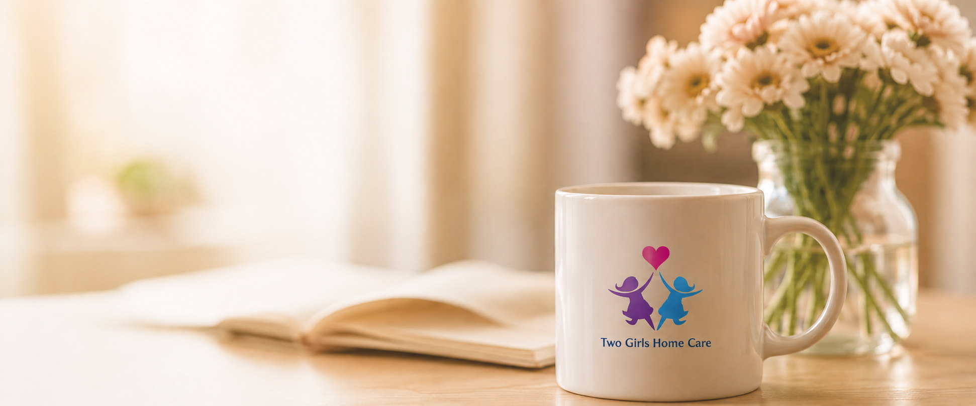 Two Girls Home Care mug with flowers in a warm home setting