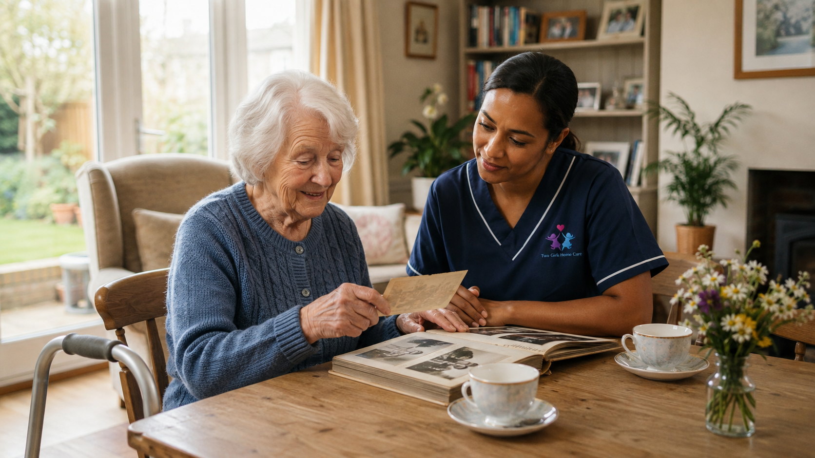 Caregiver and older woman looking through family photographs together at home