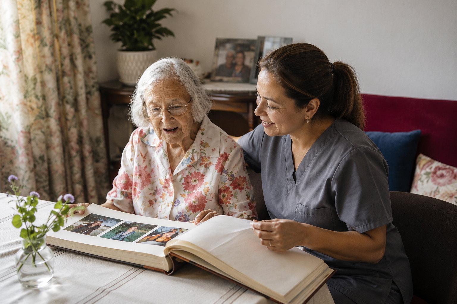 Caregiver sharing familiar memories with an older adult